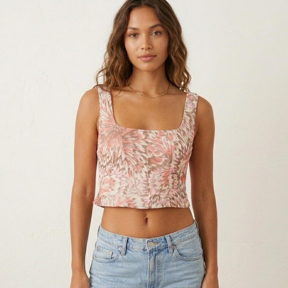AFRM Revolve Crop Tank Top Square Neck Floral Butterflies Y2K Preppy Fairycore L